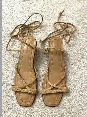 Carrie Forbes Braided Leather Lace Up Ankle Wrap Tie Sandals Heels Sz 39 US 9